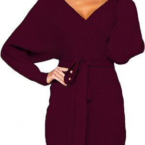 Elegant Burgundy Batwing Backless Sweater Dress for Parties and Night Outs
